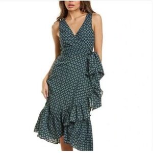 Tory Burch Green Blue and Black Batik Ruffle Wrap Dress size 6. Gently worn.